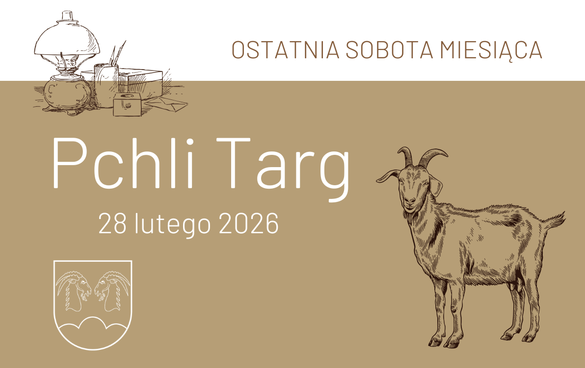 Grafika promująca Pchli Targ w ostatnią sobotę miesiąca, 28 lutego 2026 roku. Beżowe tło, duży napis Pchli Targ, ilustracja kozy, stara lampa naftowa, książki oraz herb gminy. Styl retro, elegancki, nawiązujący do staroci i targu. Kompozycja utrzymana w c