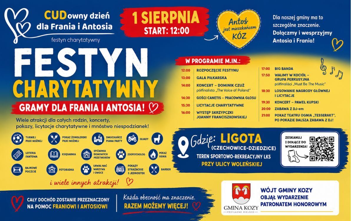 Grafika promująca festyn charytatywny „CUDowny dzień dla Frania i Antosia”, który odbędzie się 1 sierpnia w Ligocie (Czechowice-Dziedzice). Na niebiesko-żółtym tle umieszczono informacje o terminie, miejscu oraz bogatym programie wydarzenia. Wśród atrakcj