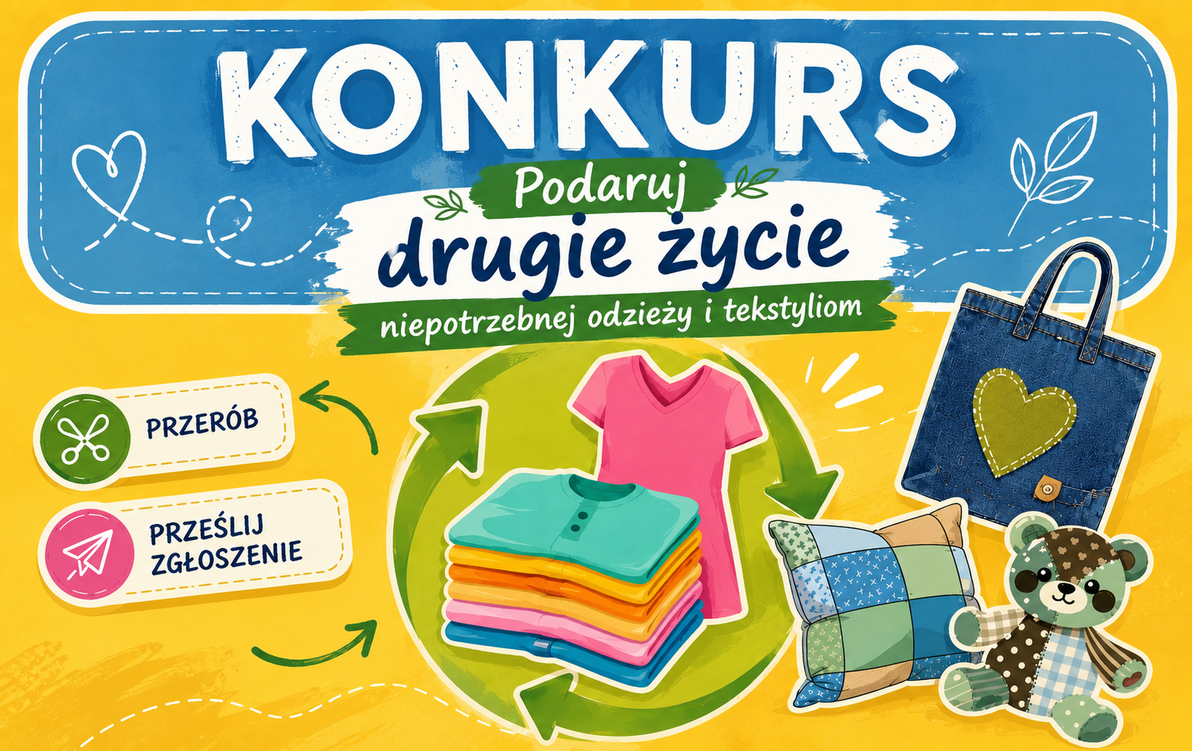 Grafika promująca konkurs Gminy Kozy „Podaruj drugie życie niepotrzebnej odzieży i tekstyliom”. Na żółtym tle znajduje się niebieski nagłówek z dużym napisem „Konkurs”. W centralnej części widoczny jest zielony symbol recyklingu, a na jego tle kolorowe ub