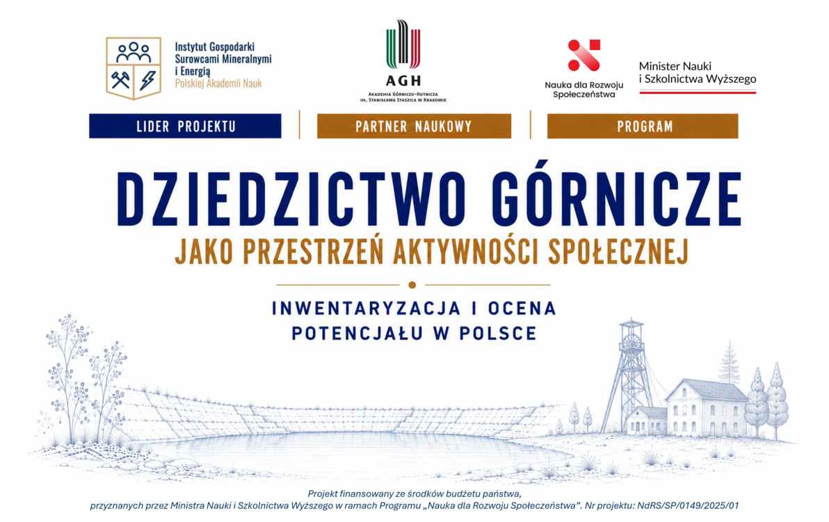 Grafika informacyjna projektu „Dziedzictwo górnicze jako przestrzeń aktywności społecznej – inwentaryzacja i ocena potencjału w Polsce”. W górnej części znajdują się logotypy Instytutu Gospodarki Surowcami Mineralnymi i Energią Polskiej Akademii Nauk – lidera projektu, Akademii Górniczo-Hutniczej w Krakowie – partnera naukowego oraz programu „Nauka dla Rozwoju Społeczeństwa” Ministra Nauki i Szkolnictwa Wyższego. W dolnej części niebieska ilustracja przedstawiająca zalany kamieniołom, wieżę szybową kopalni, budynki przemysłowe i roślinność. Na dole informacja o finansowaniu projektu ze środków budżetu państwa w ramach programu „Nauka dla Rozwoju Społeczeństwa”. Numer projektu: NaRS/SP/0149/2025/01.