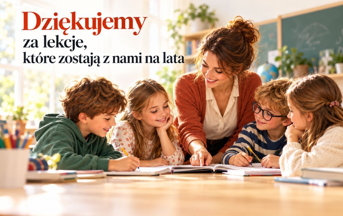Nauczycielka i uczniowie wspólnie uczą się przy stole w jasnej klasie. U góry widnieje napis: „Dziękujemy za lekcje, które zostają z nami na lata”.