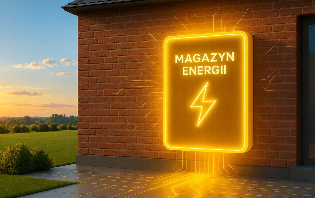 Wizualizacja magazynu energii na ceglanej ścianie budynku. Podświetlony na złoto prostokątny panel z napisem „MAGAZYN ENERGII” i symbolem błyskawicy. Od panelu rozchodzą się świetliste linie przypominające obwody elektryczne. W tle zielony trawnik, drzewa i niebo o zachodzie słońca.