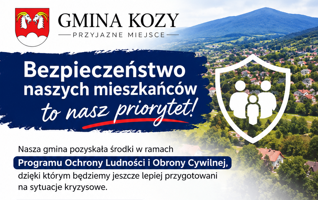 Grafika informacyjna Gminy Kozy dotycząca bezpieczeństwa mieszkańców i Programu Ochrony Ludności i Obrony Cywilnej. W górnej części znajduje się herb Gminy Kozy, nazwa gminy oraz hasło „Przyjazne miejsce”. Tłem jest panoramiczne zdjęcie miejscowości z zab