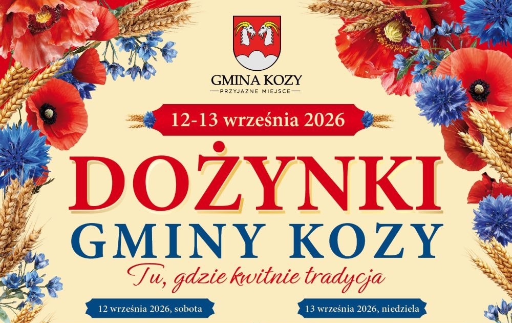 dożynki gminy kozy - napis ozdobiony polnymi kwiatami 