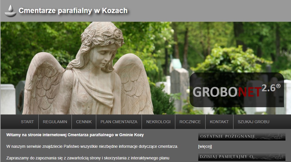 Widok strony tytułowej wyszukiwarki Grobonet cmentarza parafialnego w Kozach