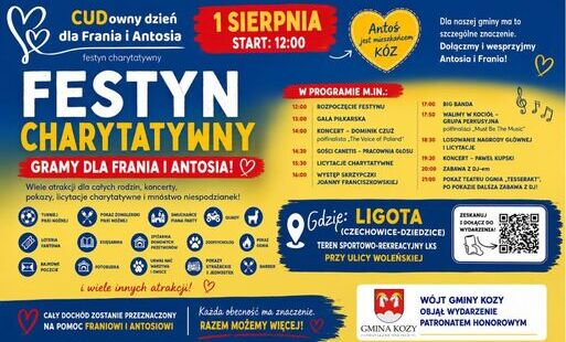 Grafika promująca festyn charytatywny „CUDowny dzień dla Frania i Antosia”, który odbędzie się 1 sierpnia w Ligocie (Czechowice-Dziedzice). Na niebiesko-żółtym tle umieszczono informacje o terminie, miejscu oraz bogatym programie wydarzenia. Wśród atrakcj