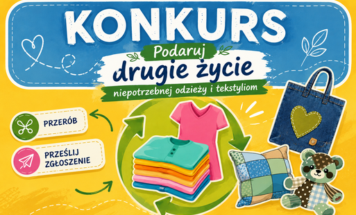 Grafika promująca konkurs Gminy Kozy „Podaruj drugie życie niepotrzebnej odzieży i tekstyliom”. Na żółtym tle znajduje się niebieski nagłówek z dużym napisem „Konkurs”. W centralnej części widoczny jest zielony symbol recyklingu, a na jego tle kolorowe ub