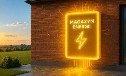 Wizualizacja magazynu energii na ceglanej ścianie budynku. Podświetlony na złoto prostokątny panel z napisem „MAGAZYN ENERGII” i symbolem błyskawicy. Od panelu rozchodzą się świetliste linie przypominające obwody elektryczne. W tle zielony trawnik, drzewa i niebo o zachodzie słońca.