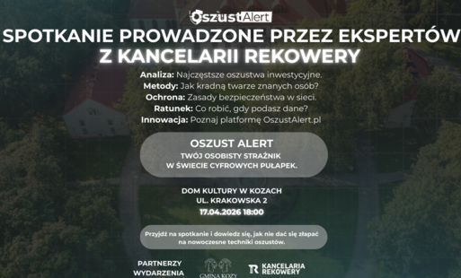Plakat informujący o spotkaniu o cyberbezpieczeństwie prowadzonym przez ekspertów kancelarii Rekowery. Tematy: oszustwa inwestycyjne, metody działania przestępców, zasady ochrony i reakcja na oszustwo. Wydarzenie odbędzie się 17.04.2026 o 18:00 w Domu Kul