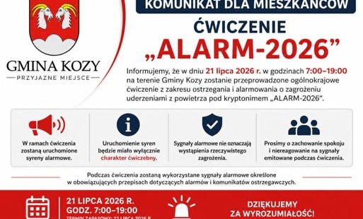 Grafika informacyjna Gminy Kozy dotycząca ogólnokrajowych ćwiczeń ostrzegania i alarmowania ludności „ALARM-2026”. Po lewej stronie znajduje się herb oraz logo Gminy Kozy. Po prawej umieszczono nagłówek „Komunikat dla mieszkańców” i tytuł „Ćwiczenie ALARM