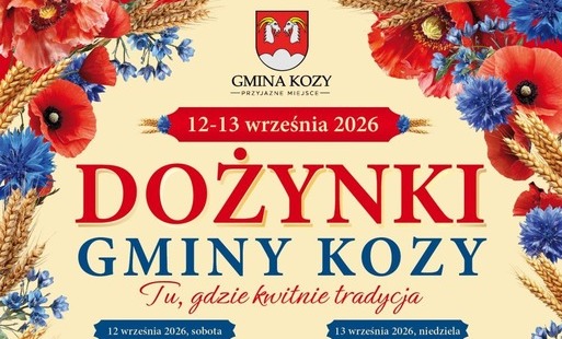 dożynki gminy kozy - napis ozdobiony polnymi kwiatami 